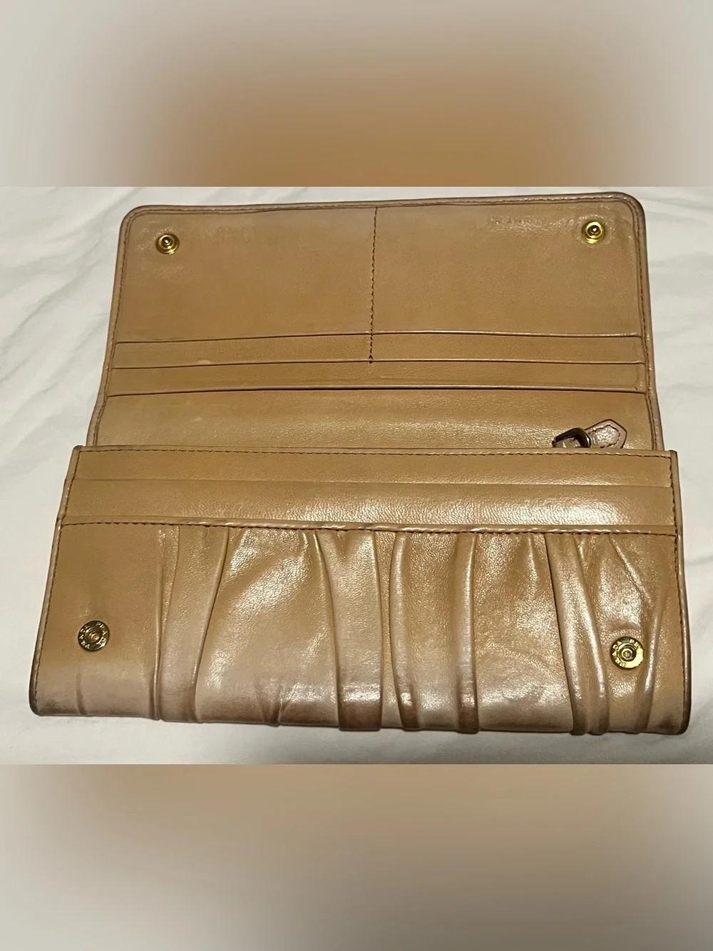 Prada Metallic Beige Ruched Leather Wallet with Gold Logo